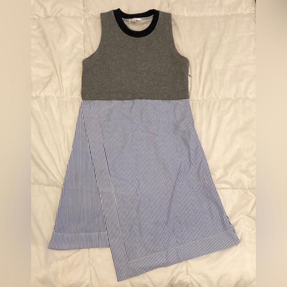 Carven Gray/Blue Striped Asymmetrical Sleeveless Cotton Blend Flare Dress Size M - Picture 3 of 10